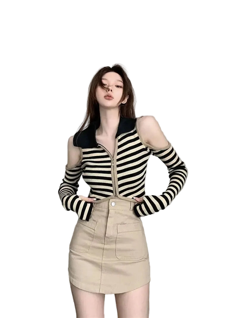 VILZSTUDIOS Striped Knitted Off Shoulder Crop Top