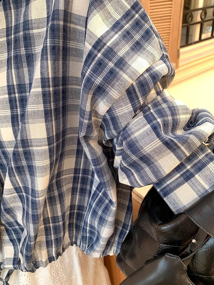 VILZSTUDIOS Blue Plaid Loose Drawstring Shirt