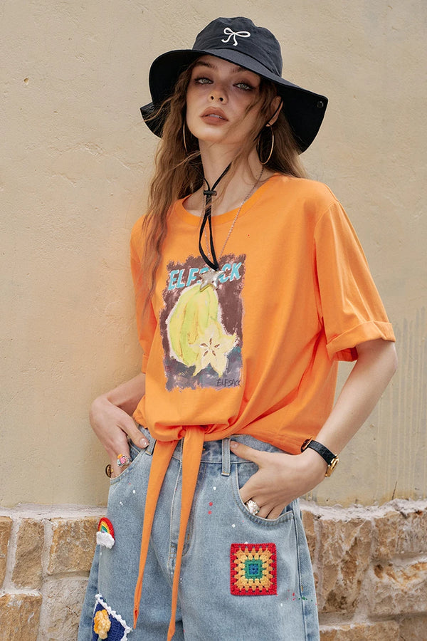 Fruit Printed Lace-Up Casual T-Shirt