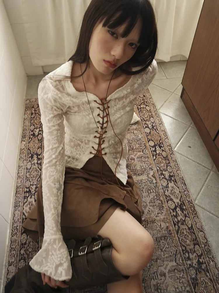 VILZSTUDIOS Fairycore Lace Up Collar Cropped Blouse
