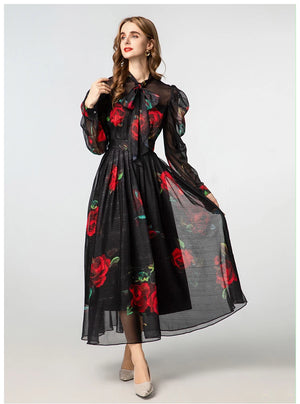 VILZSTUDIOS Elegant Black Bow Tie Sheer Dress