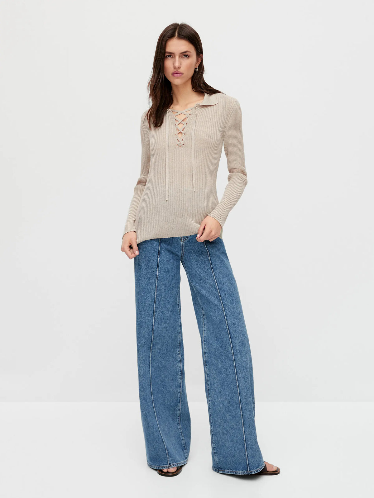 VILZSTUDIOS Ribbed Knit Lace-Up Sweater