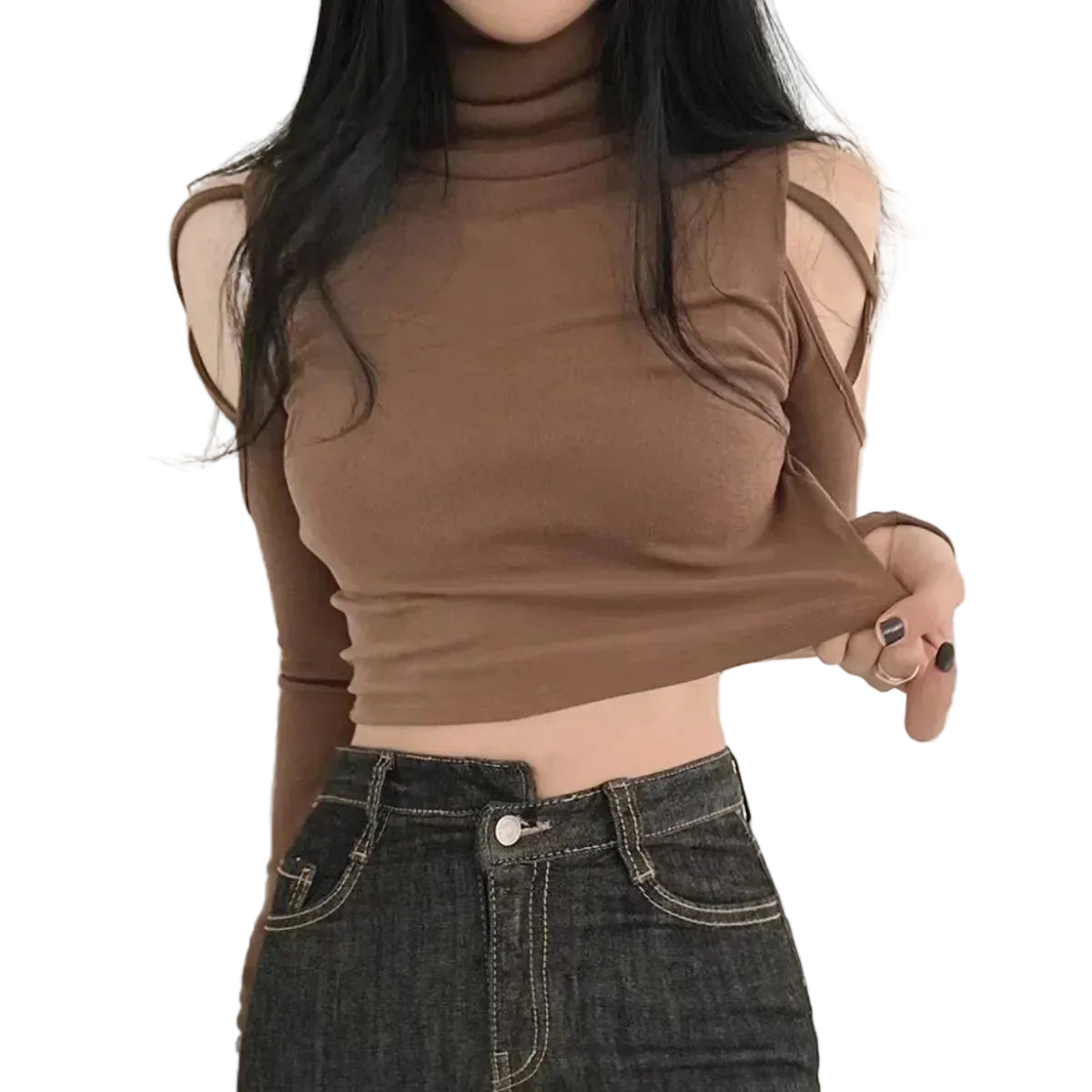 VILZSTUDIOS Sexy Hollow Out Turtleneck Long Sleeve Top