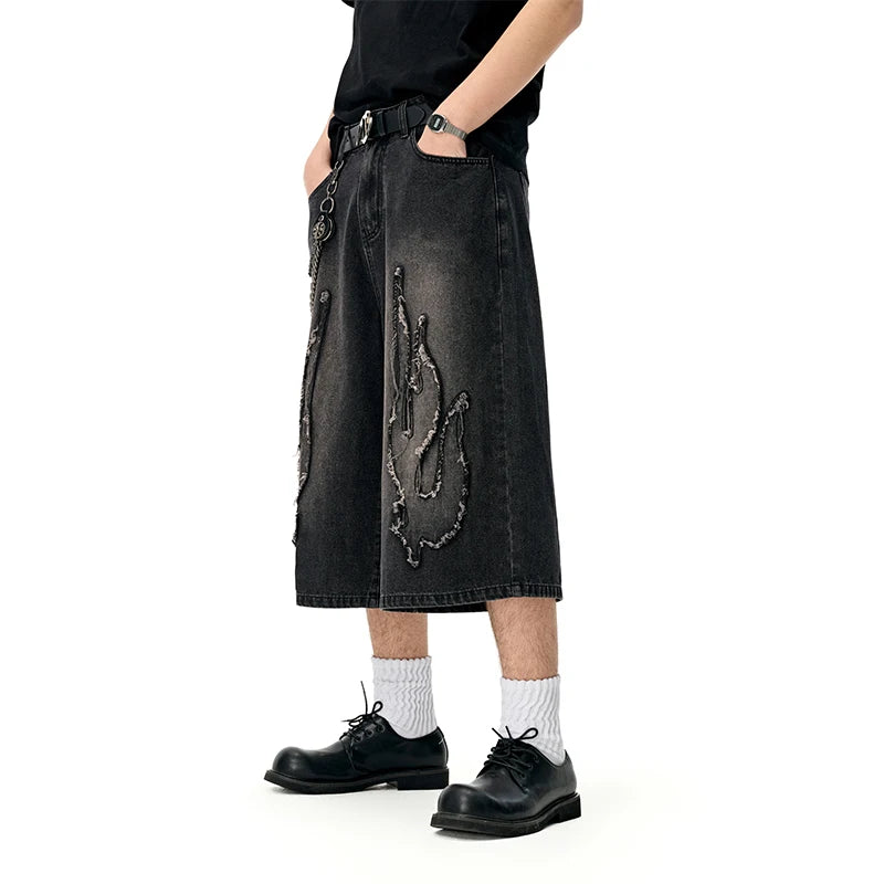 VILZSTUDIOS Retro American Style Patchwork Denim Shorts