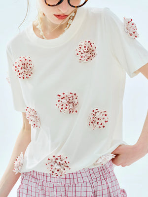 VILZSTUDIOS Elegant White Floral Applique Short T-Shirt