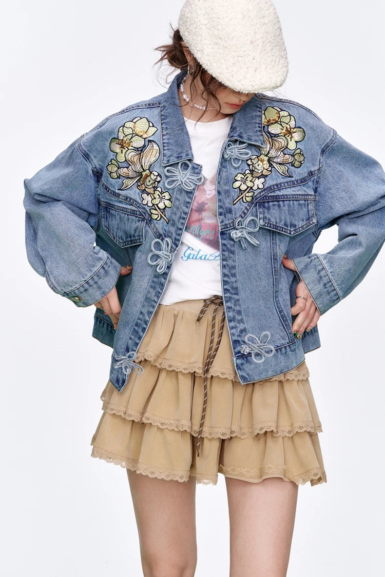 VILZSTUDIOS Stylish Embroidered Flower Button Denim Jacket