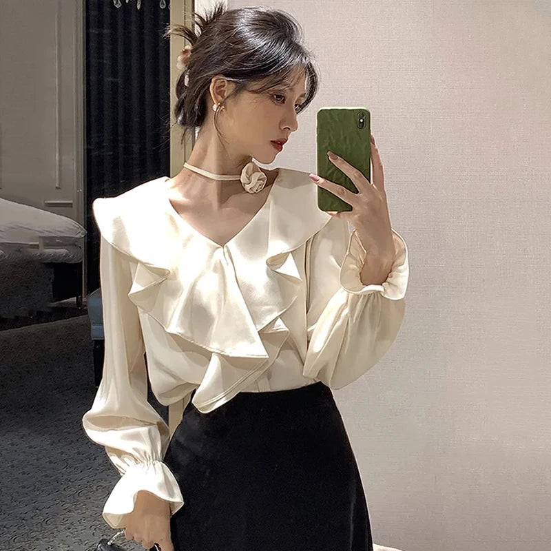VILZSTUDIOS Elegant French Style Ruffled Blouse