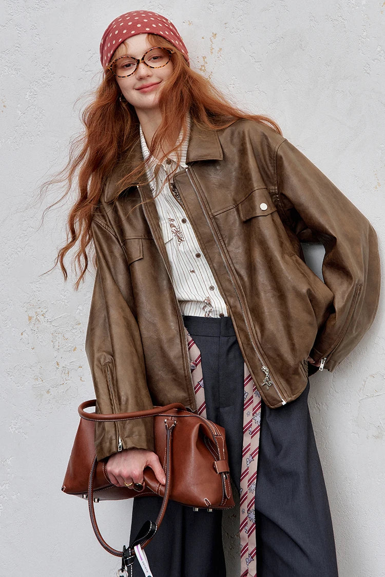 VILZSTUDIOS Y2K Vintage Texture Zip-Up Biker Leather Jacket