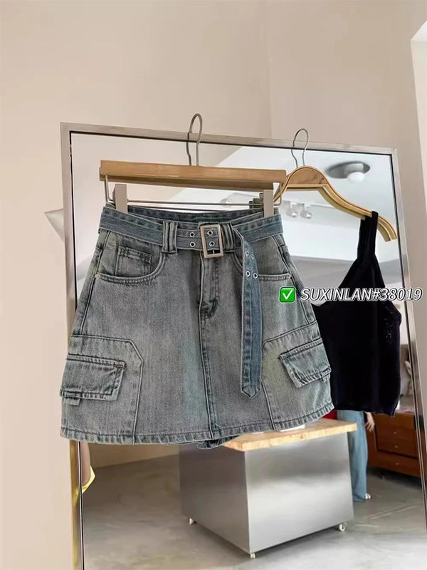 High-End Retro Lace-Up Denim Skirts