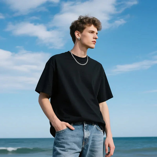 Black Minimalist Drop Shoulder Cotton T-Shirt