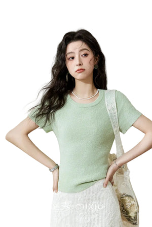 VILZSTUDIOS Pearl Buckle Knitted Short Sleeve T-Shirt