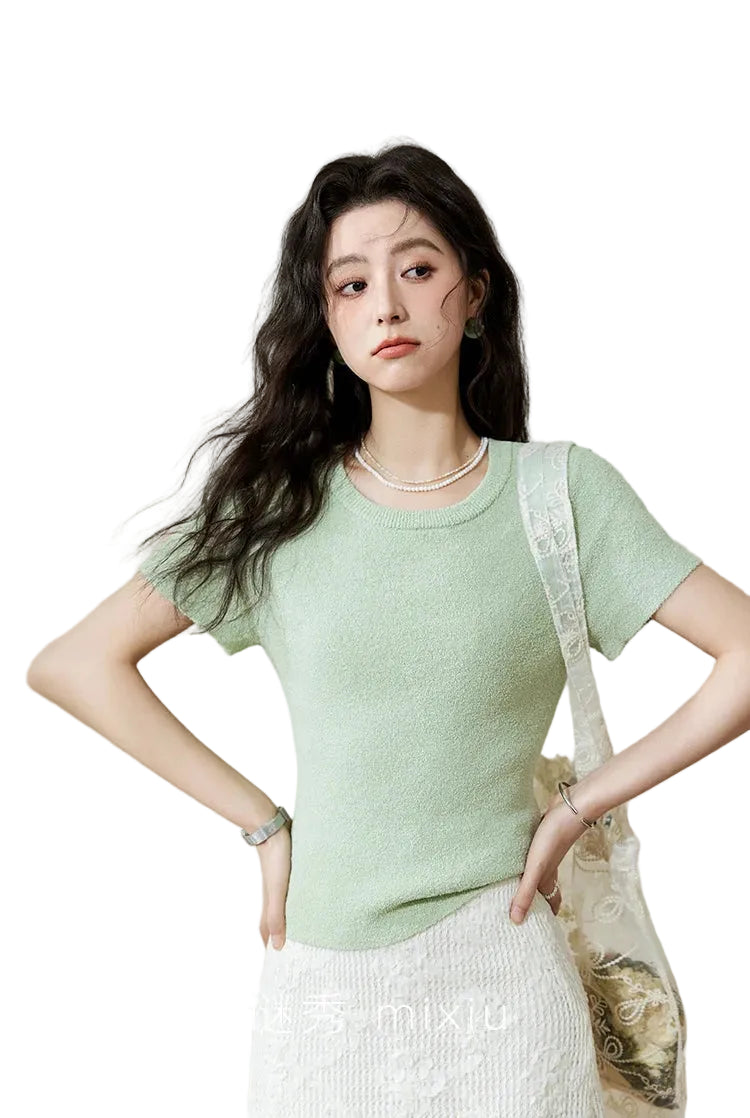 VILZSTUDIOS Pearl Buckle Knitted Short Sleeve T-Shirt