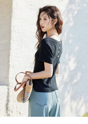 VILZSTUDIOS Pearl Buckle Knitted Short Sleeve T-Shirt