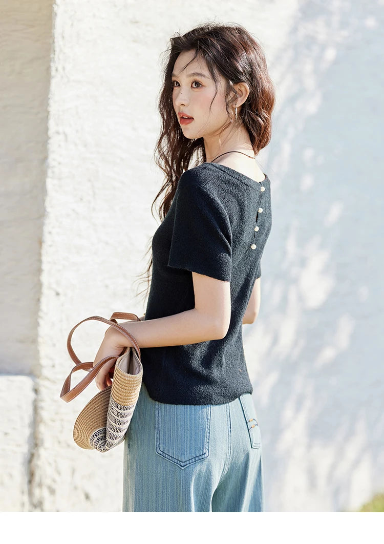 VILZSTUDIOS Pearl Buckle Knitted Short Sleeve T-Shirt