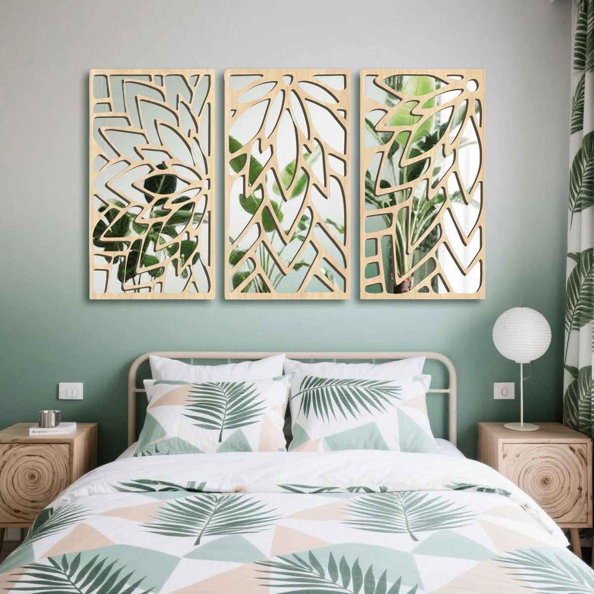 VILZSTUDIOS 3Pcs 2D 16in Wooden Acrylic Double-Layer Wall Mirror Hollow Leaf Design Refined Lifestyle Artistic Home Decorative Mirror