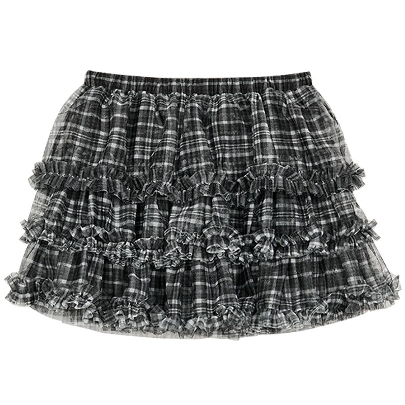 VILZSTUDIOS Ruffle Plaid Mesh Mini Skirt