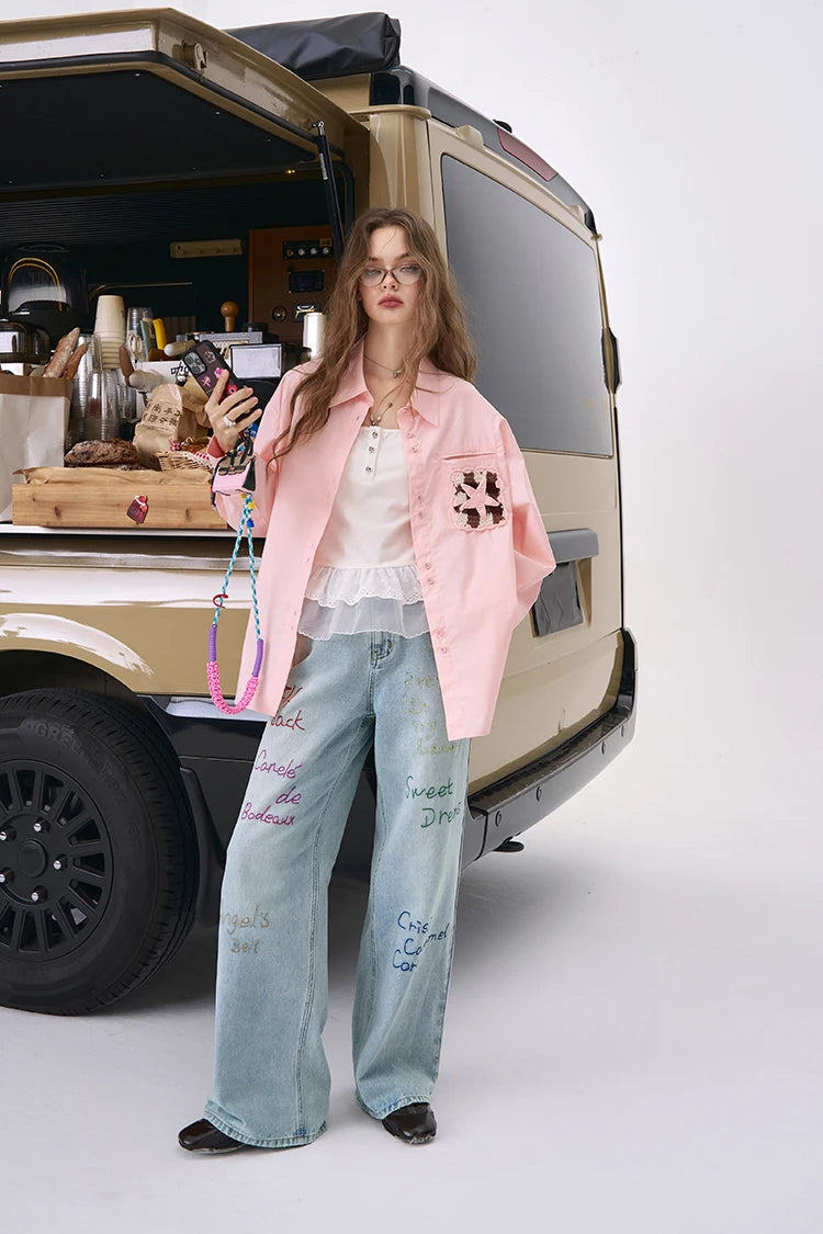 VILZSTUDIOS Embroidered Loose Straight Leg Jeans