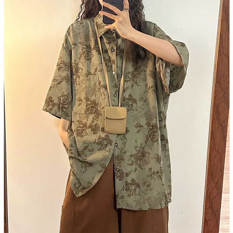 VILZSTUDIOS Vintage Floral Print Lapel Shirt