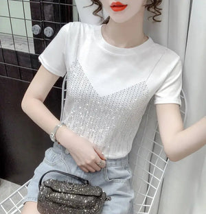 VILZSTUDIOS Shiny Diamond Sequin Slim Fit T-Shirt