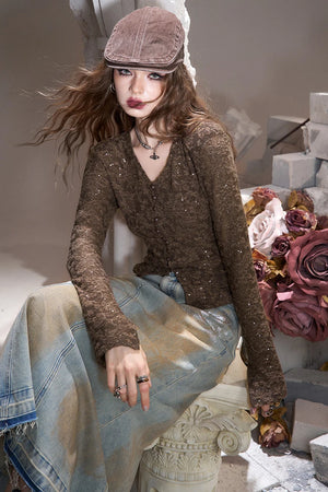 VILZSTUDIOS French V-Neck Lace Top