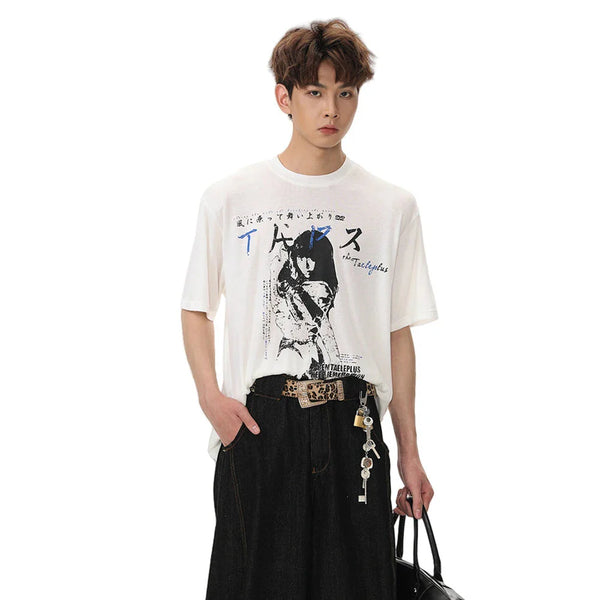 Retro Cartoon Portrait Print Loose T-Shirt