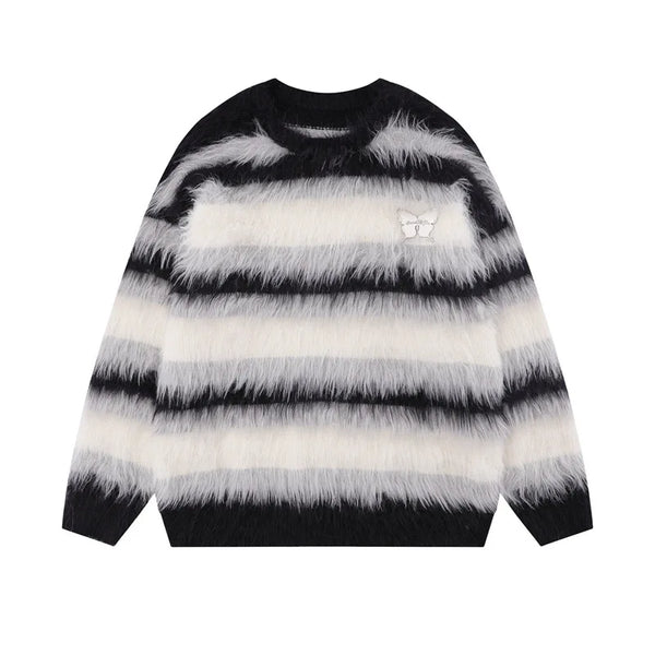 Cozy Striped Butterfly Pin Knit Sweater