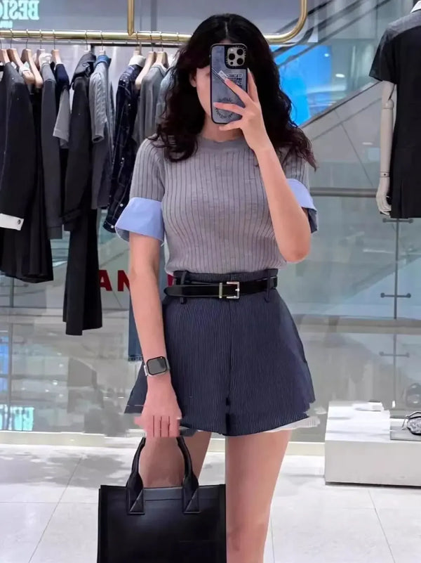 Chic French Grey Knitted Short Sleeve Sweater
