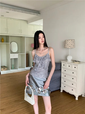 VILZSTUDIOS Silver Sequin Ruffles Tank Top