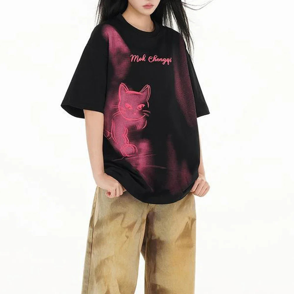 VILZSTUDIOS Vintage Graphic Kitten Print Short T-Shirt