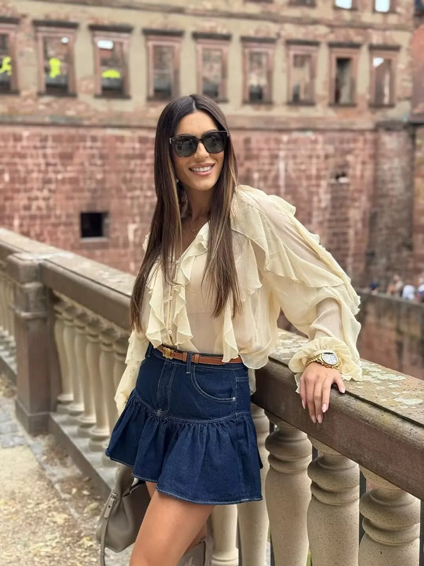Yenkye Semi Sheer Ruffle Blouse