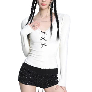 VILZSTUDIOS Sexy Bow Tie V-Neck Long Sleeve T-Shirt