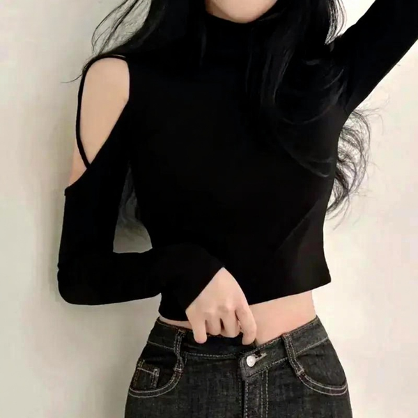 Sexy Hollow Out Turtleneck Long Sleeve Top
