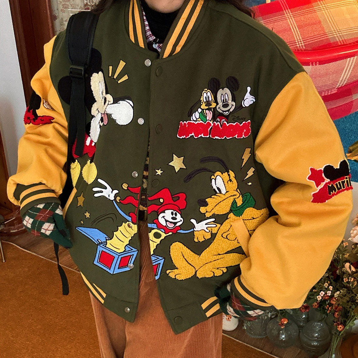 VILZSTUDIOS Aesthetic varsity jacket with cartoon embroidery