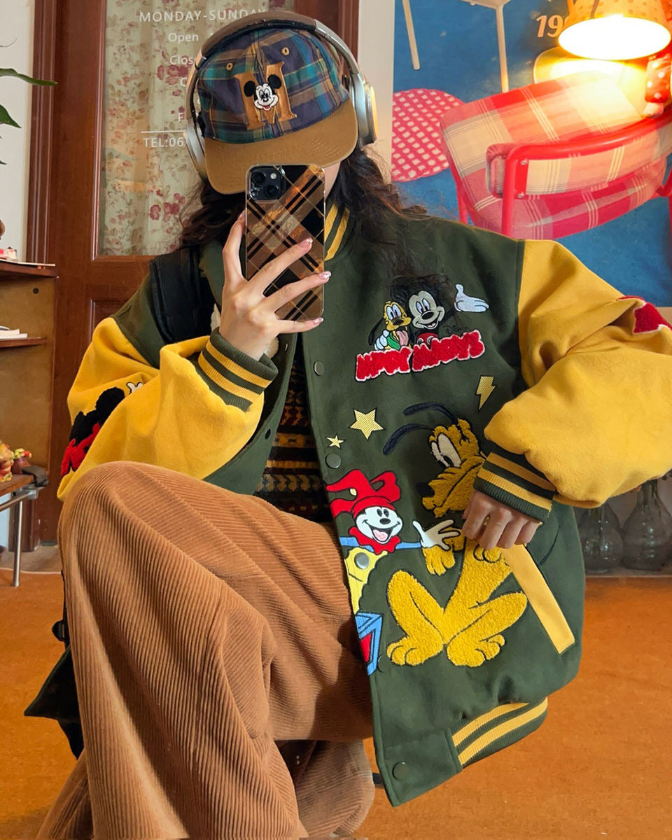VILZSTUDIOS Aesthetic varsity jacket with cartoon embroidery