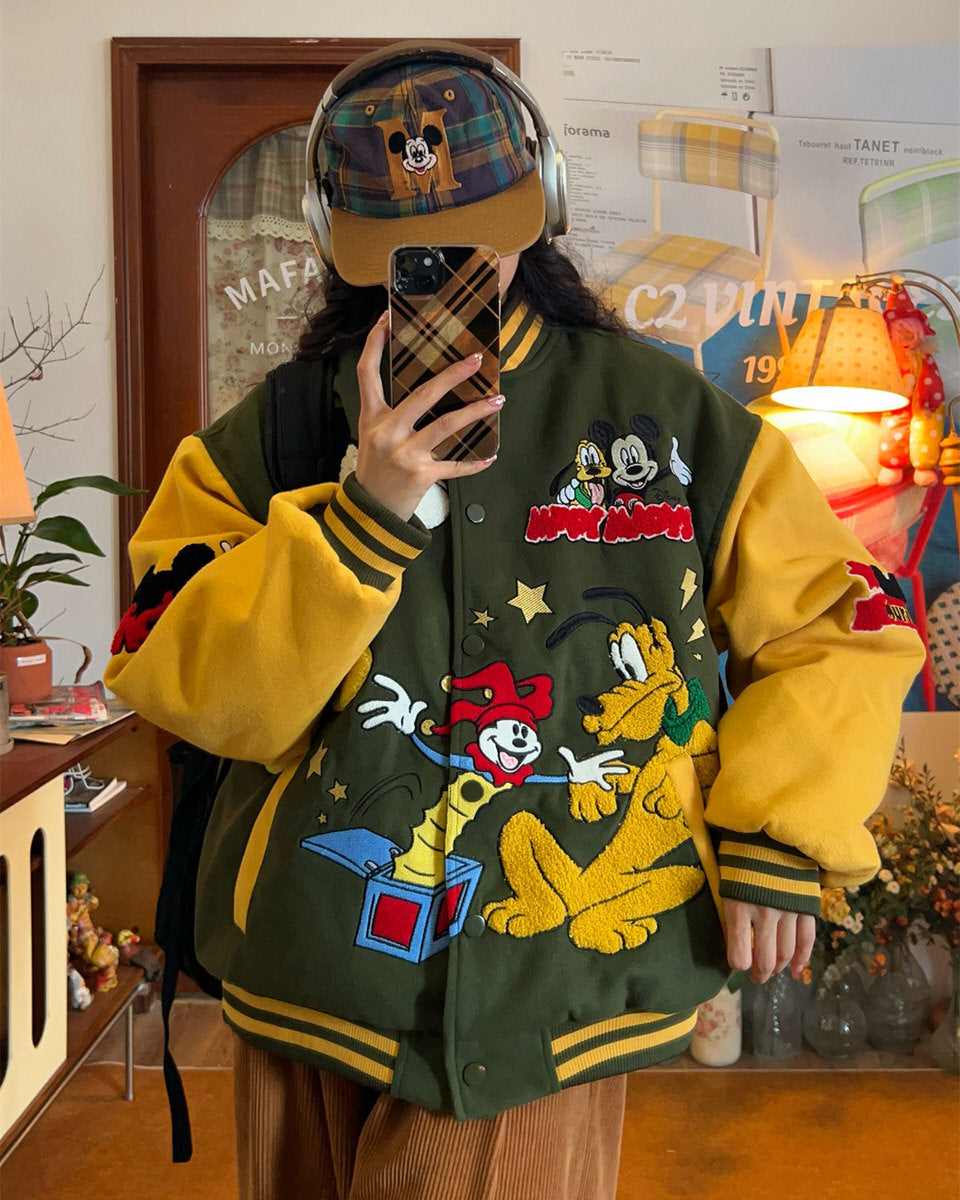 VILZSTUDIOS Aesthetic varsity jacket with cartoon embroidery