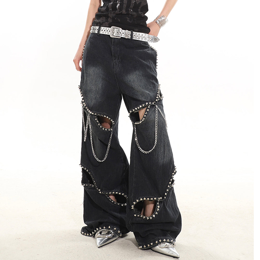 VILZSTUDIOS Stylish wide-leg jeans with ripped details and chain accents