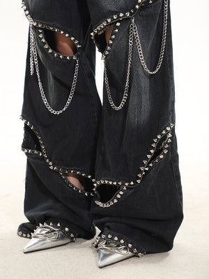 VILZSTUDIOS Stylish wide-leg jeans with ripped details and chain accents