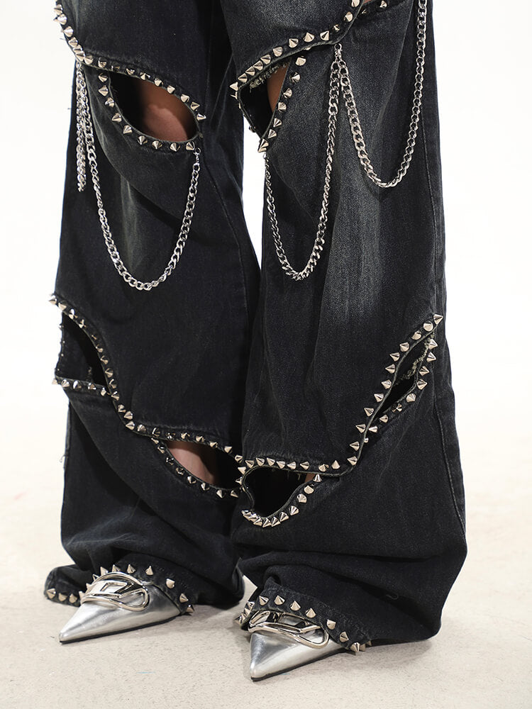 VILZSTUDIOS Stylish wide-leg jeans with ripped details and chain accents
