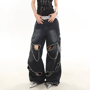 VILZSTUDIOS Stylish wide-leg jeans with ripped details and chain accents