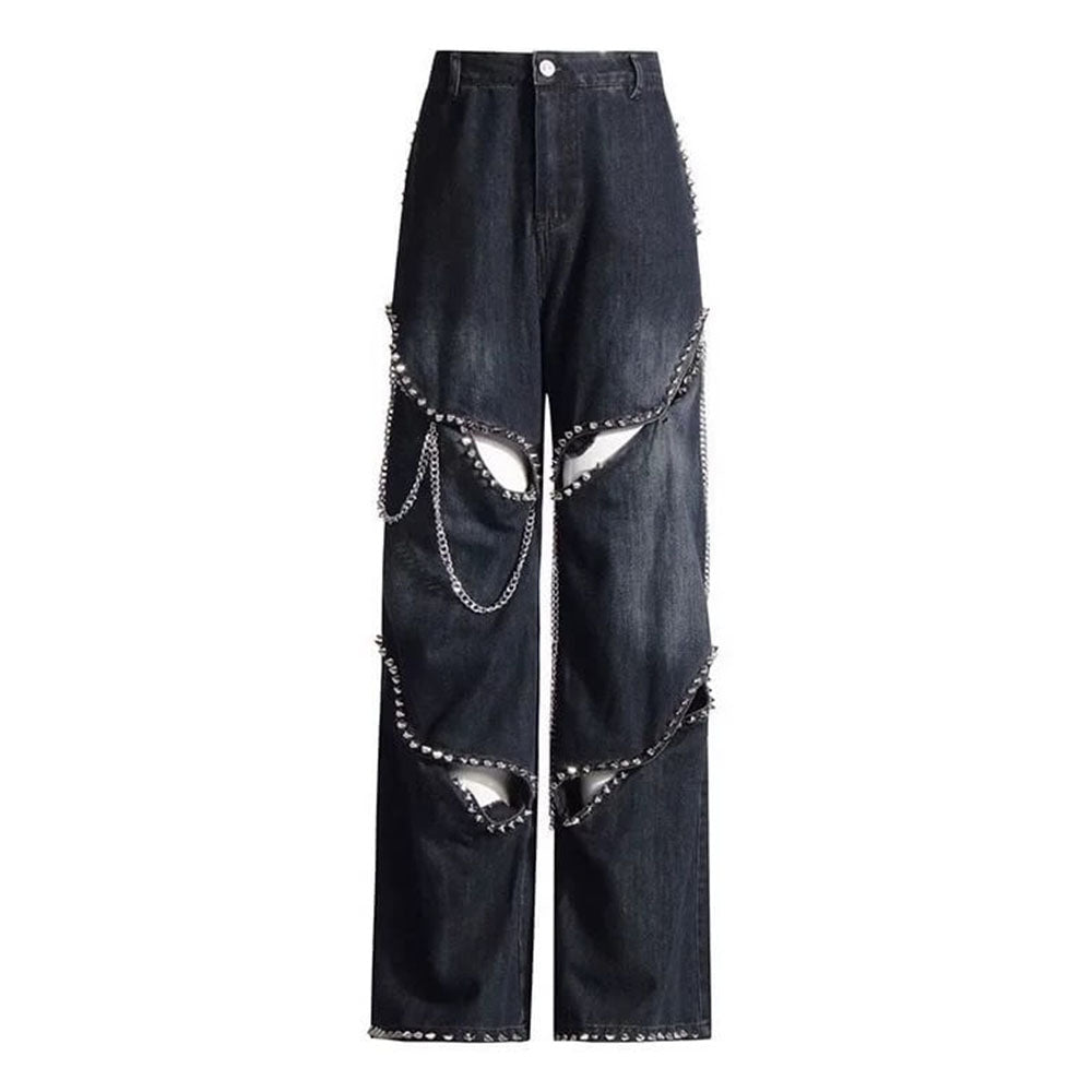 VILZSTUDIOS Stylish wide-leg jeans with ripped details and chain accents