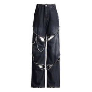 VILZSTUDIOS Stylish wide-leg jeans with ripped details and chain accents