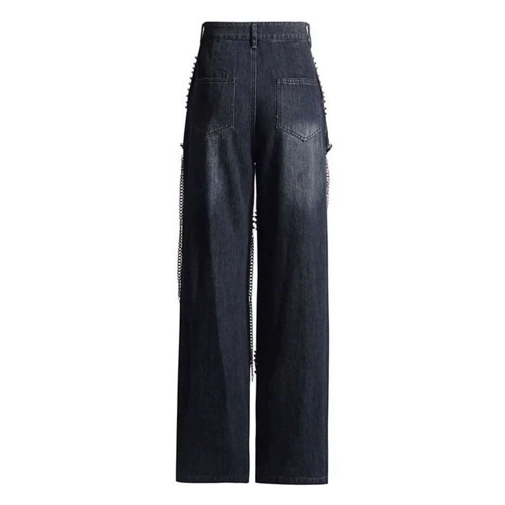 VILZSTUDIOS Stylish wide-leg jeans with ripped details and chain accents
