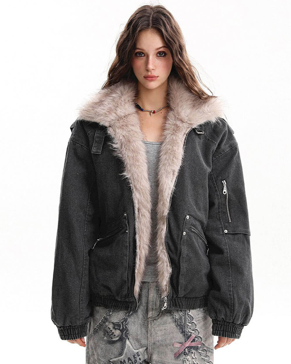 VILZSTUDIOS Aesthetic bomber jacket with faux fur trim