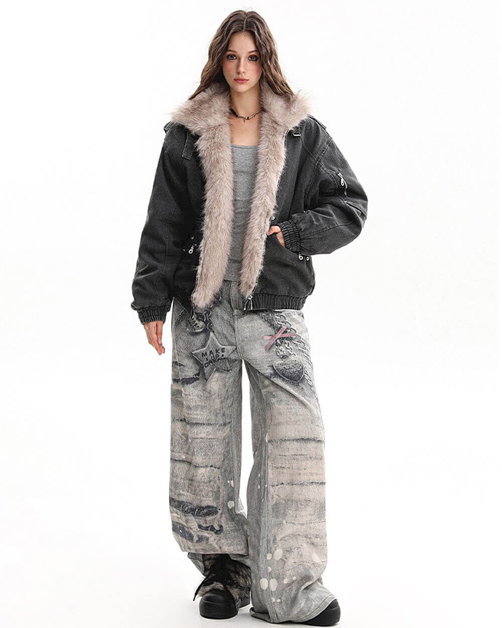 VILZSTUDIOS Aesthetic bomber jacket with faux fur trim