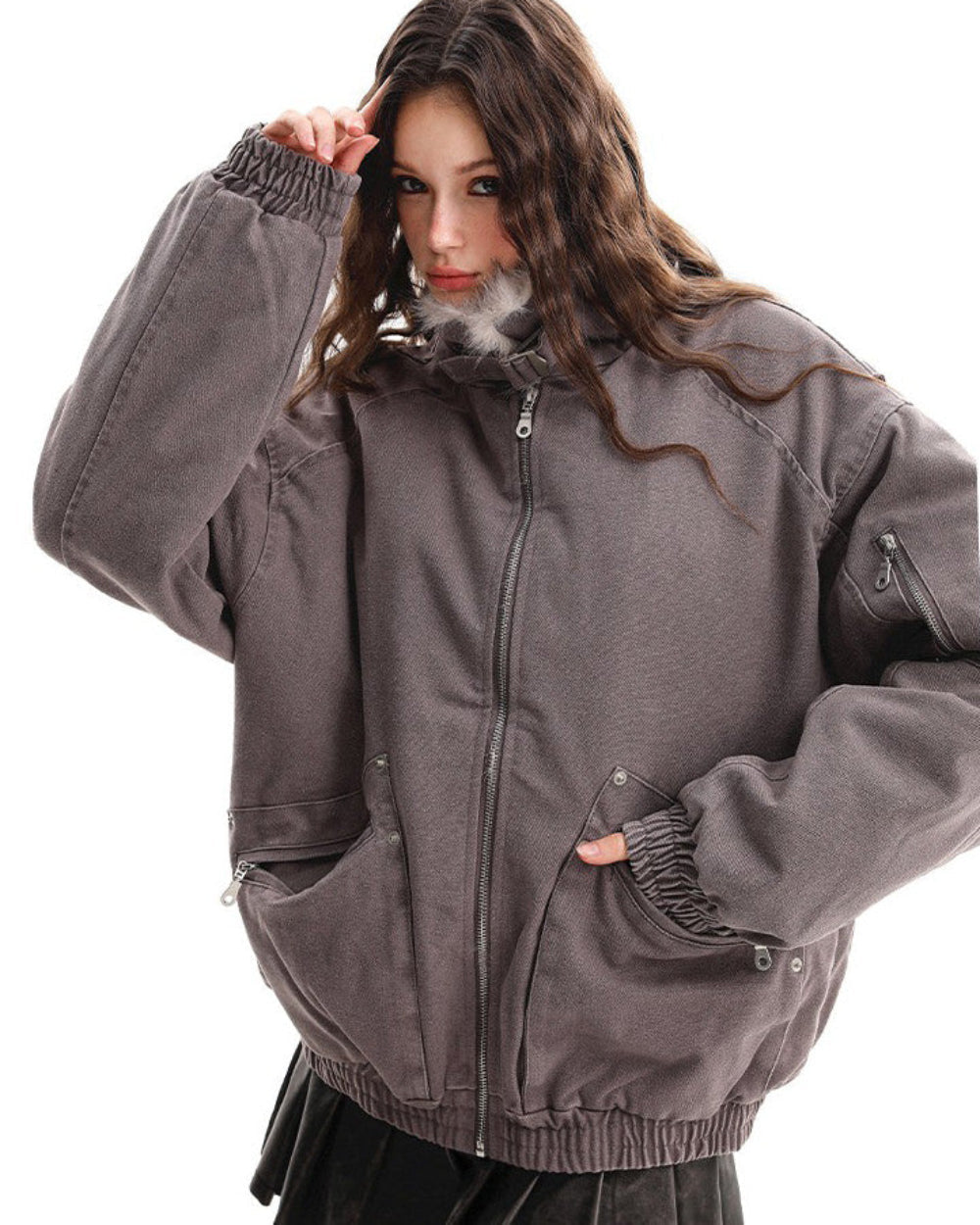 VILZSTUDIOS Aesthetic bomber jacket with faux fur trim