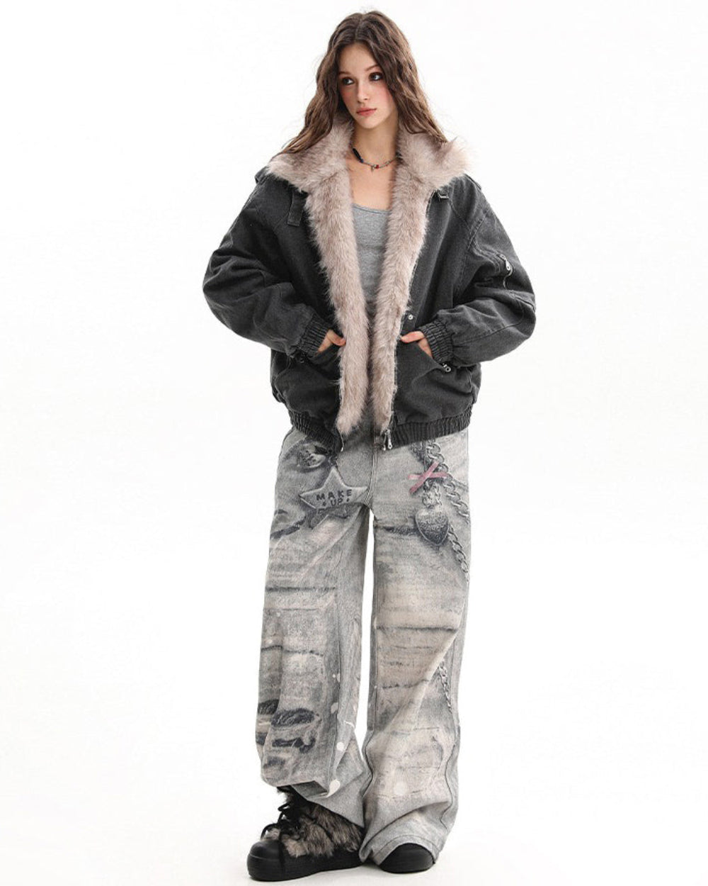 VILZSTUDIOS Aesthetic bomber jacket with faux fur trim