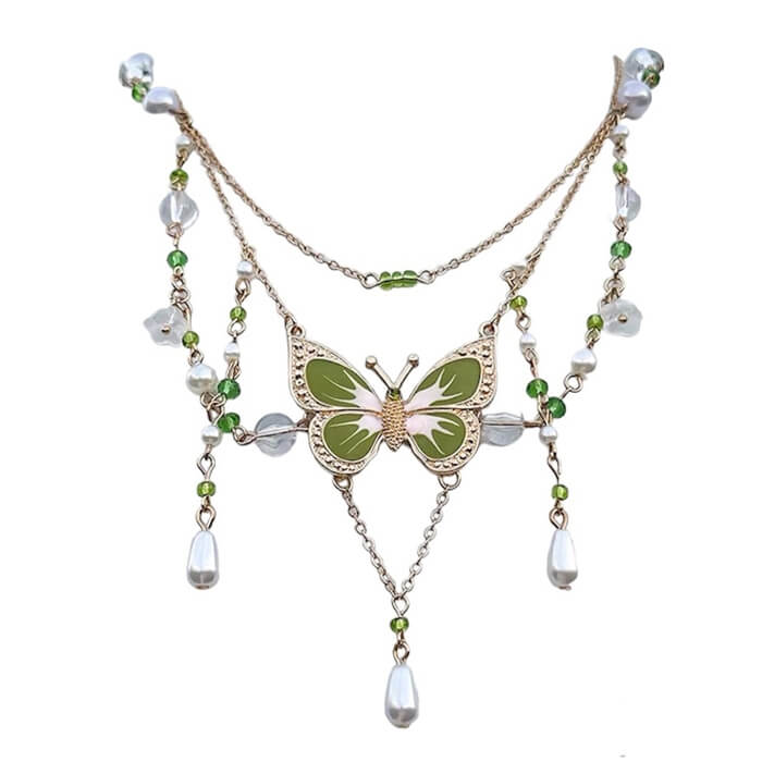 VILZSTUDIOS Layered necklace with green butterfly design
