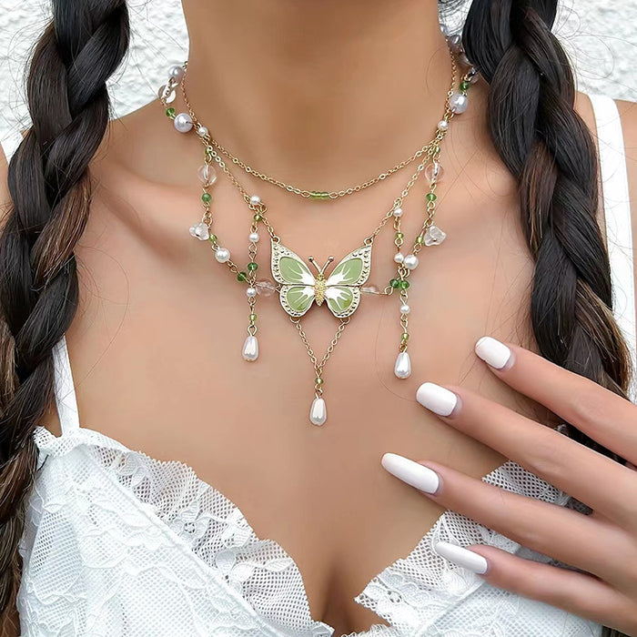 VILZSTUDIOS Layered necklace with green butterfly design