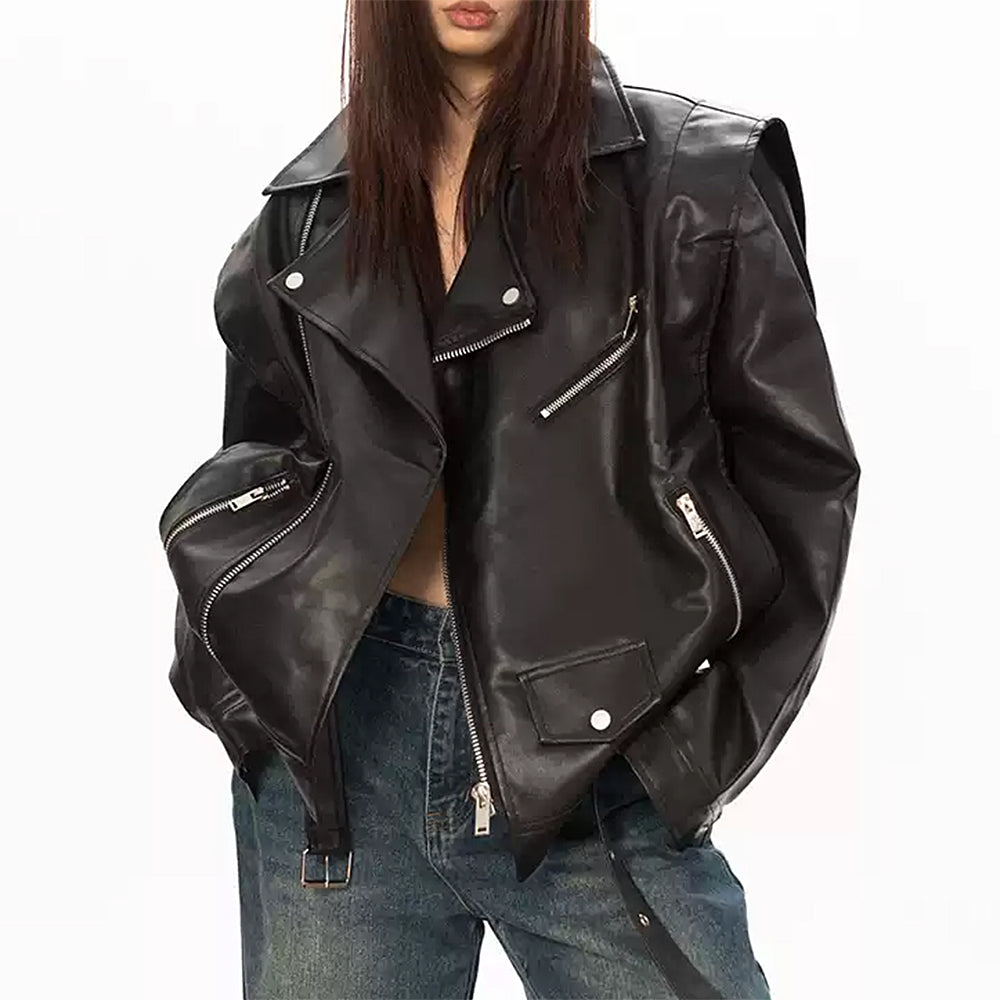 VILZSTUDIOS Aesthetic oversized moto jacket with zippered pockets