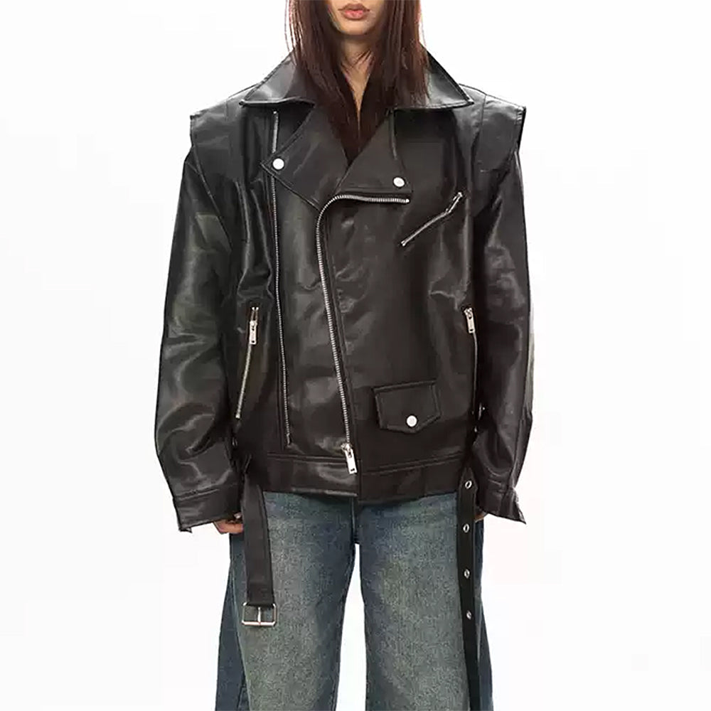 VILZSTUDIOS Aesthetic oversized moto jacket with zippered pockets